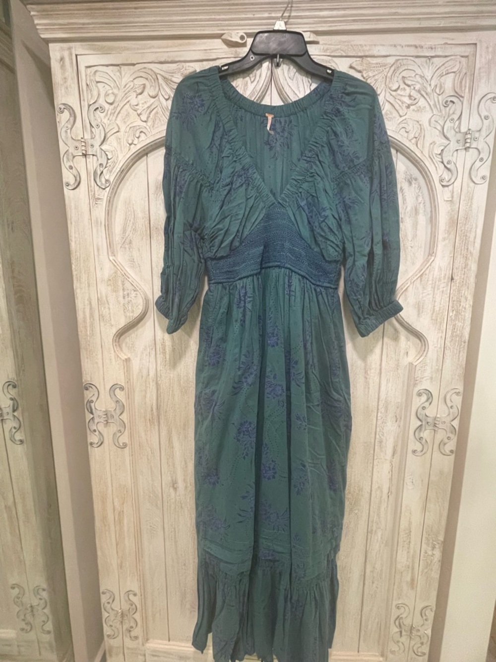 Free People Teal Green Floral Maxi Dress with Smocked Waist